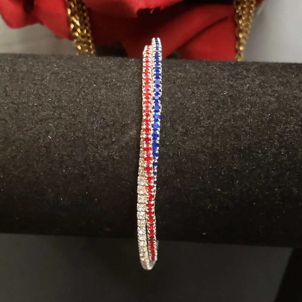 Stunning Red White & Blue Crystal Briad Silver Cuff Bracelet